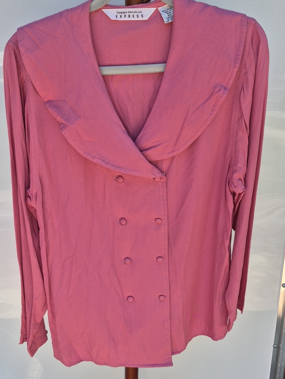 Vintage Express Rose-Pink Double-Breasted Satin Button-Down Top